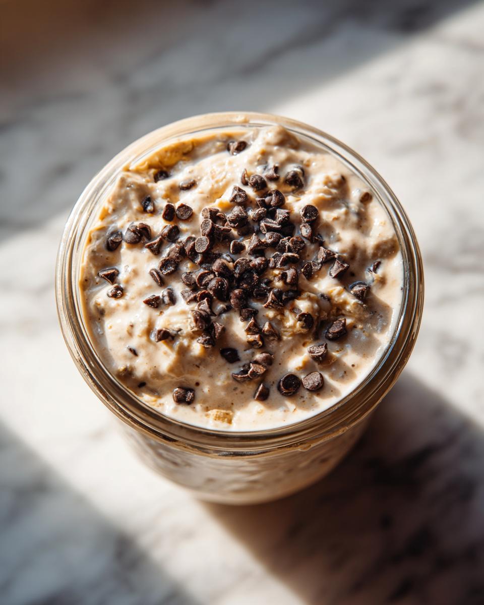 Overhead view of high protein cookie dough overnight oats in a glass jar, topped generously with mini chocolate chips.