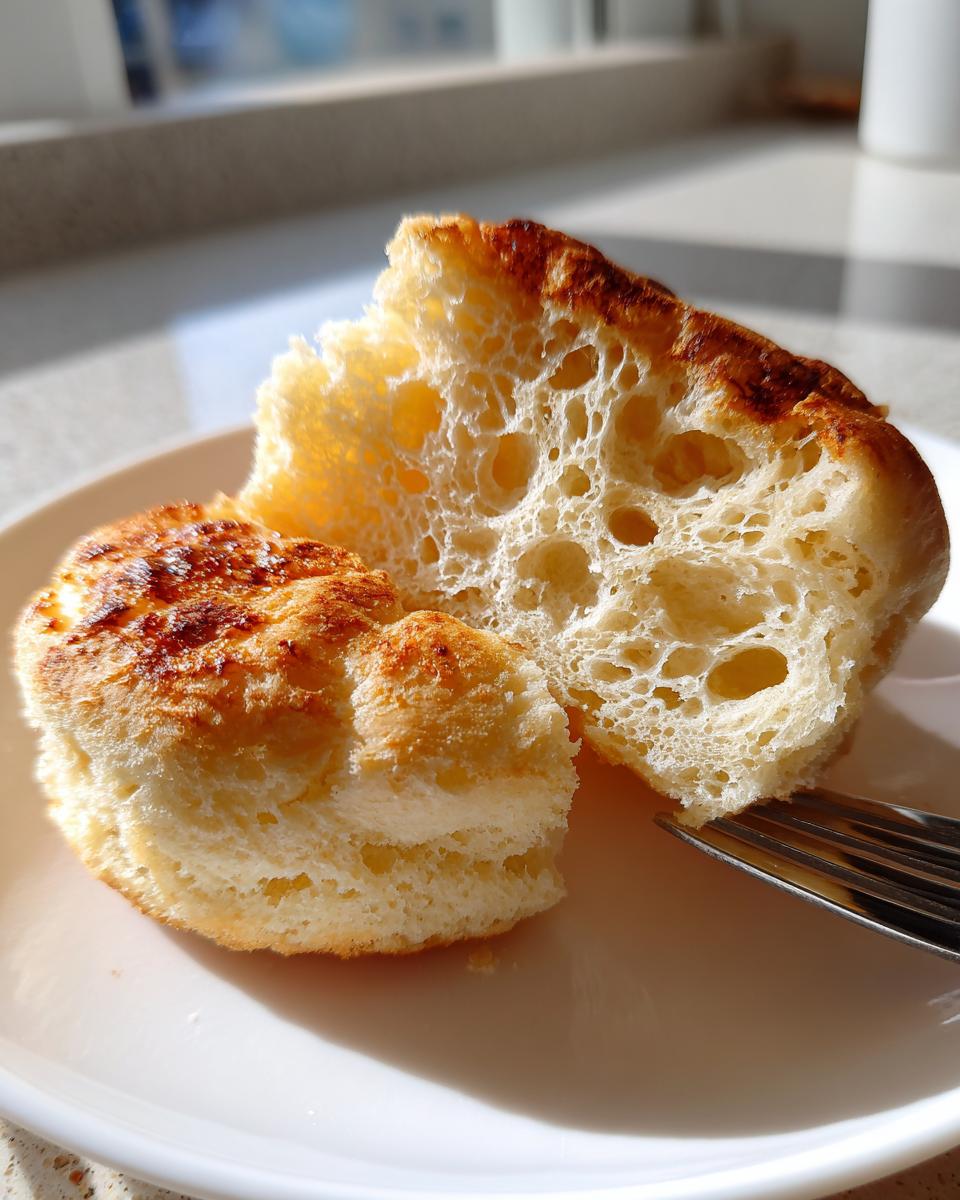 Close-up of a homemade english muffin recipe split open, showing the signature nooks and crannies texture.