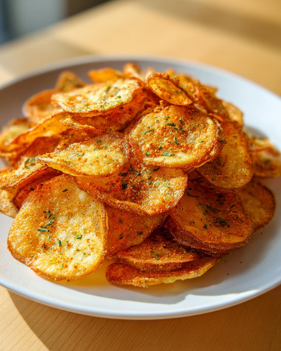 Close-up of a mound of golden, seasoned onion ring chips sprinkled with green herbs on a white plate.