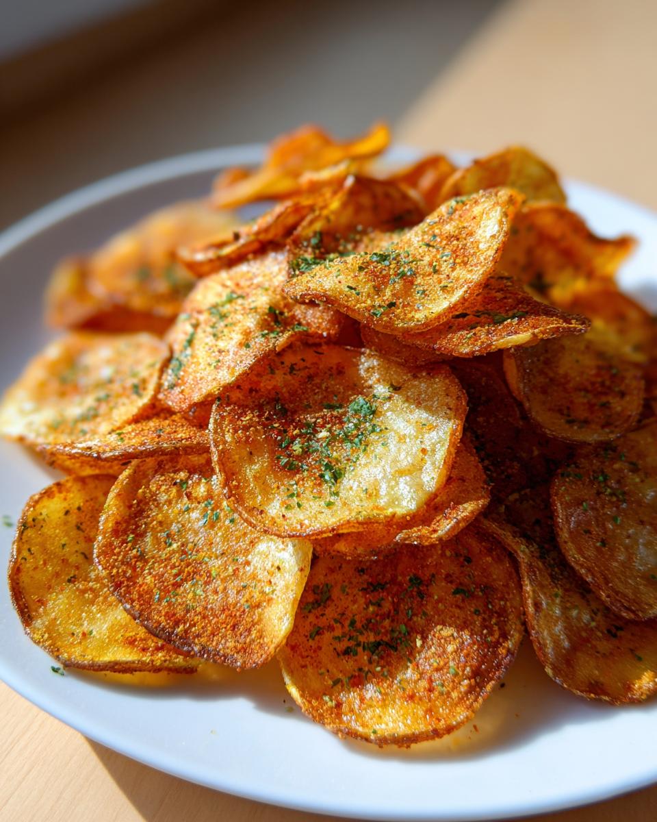 A close-up of a pile of crispy, golden-brown onion ring chips seasoned with spices and parsley.