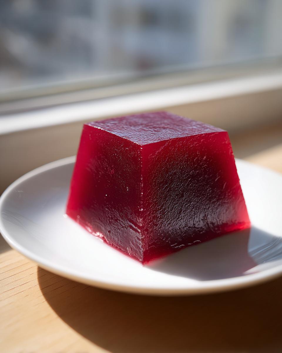 A single, perfectly set, deep red cube of homemade Yokan resting on a small white plate, catching sunlight.