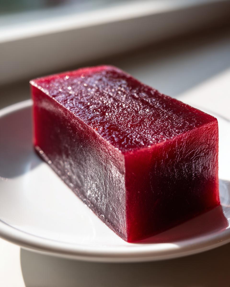 A single, rectangular slice of deep red, glistening homemade Yokan resting on a small white plate.