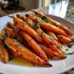A close-up of glossy Honey Garlic Butter Roasted Carrots, glistening with glaze and topped with fresh parsley.