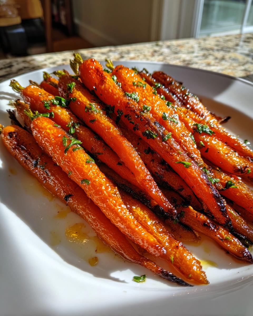 A close-up of glistening Honey Garlic Butter Roasted Carrots, garnished with fresh parsley, served on a white plate.