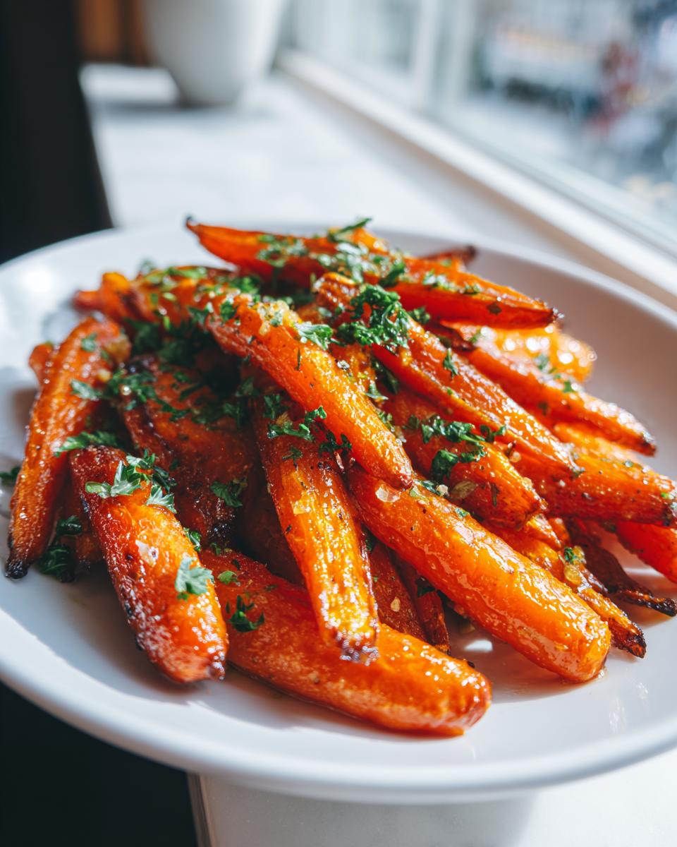 Close-up of glossy Honey Garlic Butter Roasted Carrots sprinkled with fresh parsley on a white serving dish.