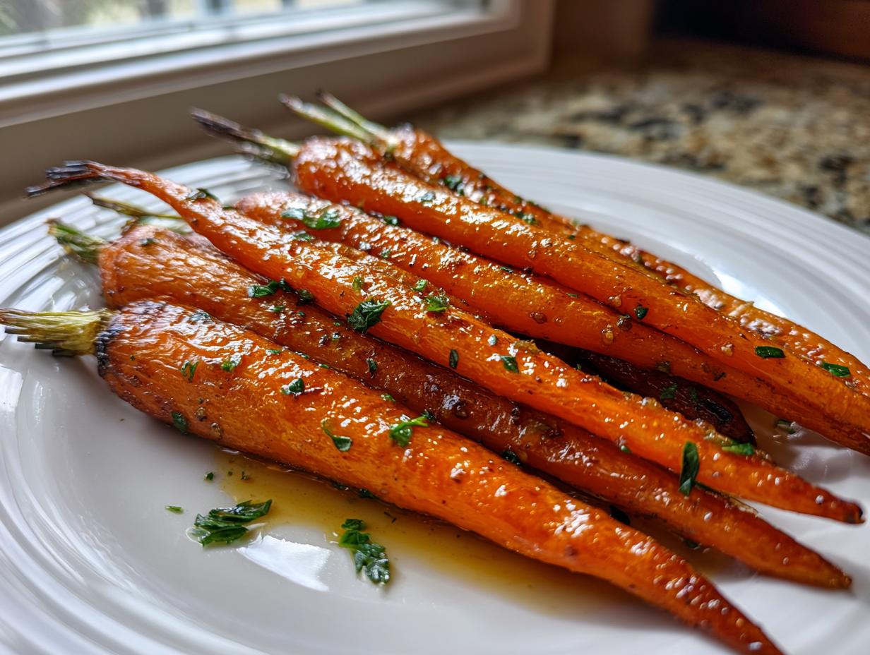 Close-up of glossy Honey Garlic Butter Roasted Carrots, garnished with fresh parsley, served on a white plate.
