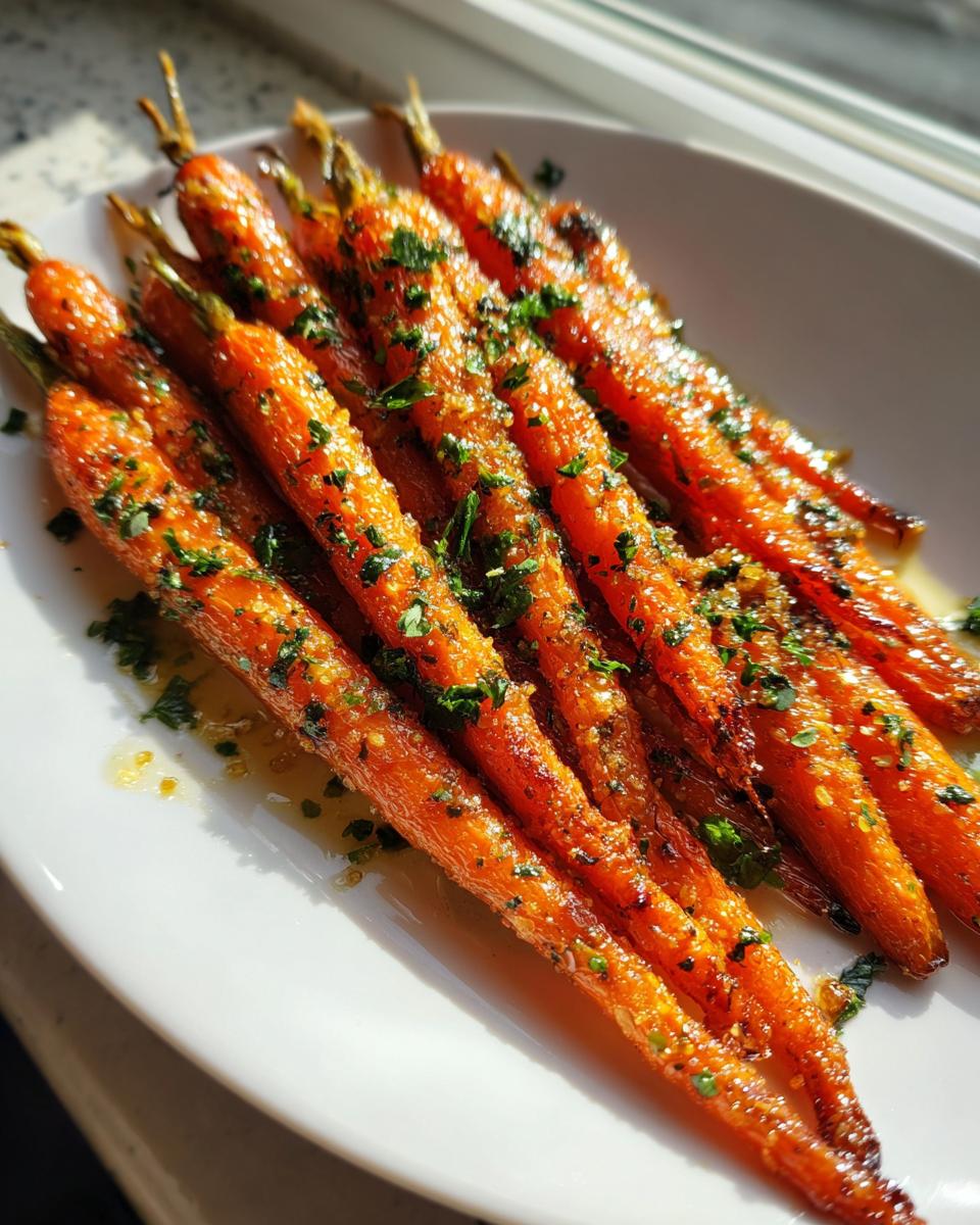 A close-up of perfectly glazed Honey Garlic Butter Roasted Carrots sprinkled with fresh green parsley on a white plate.