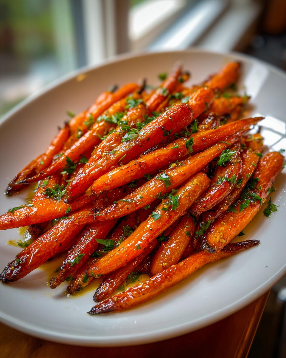 A close-up of glossy, roasted Honey Garlic Butter Roasted Carrots garnished with fresh parsley on a white serving platter.