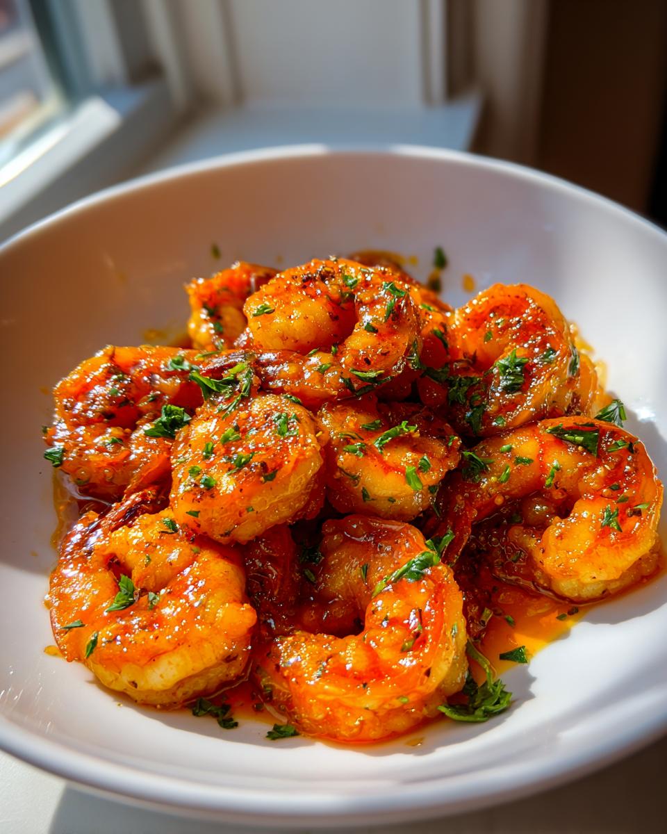 Close-up of glossy, glazed hot honey shrimp recipe garnished with fresh parsley in a white bowl.