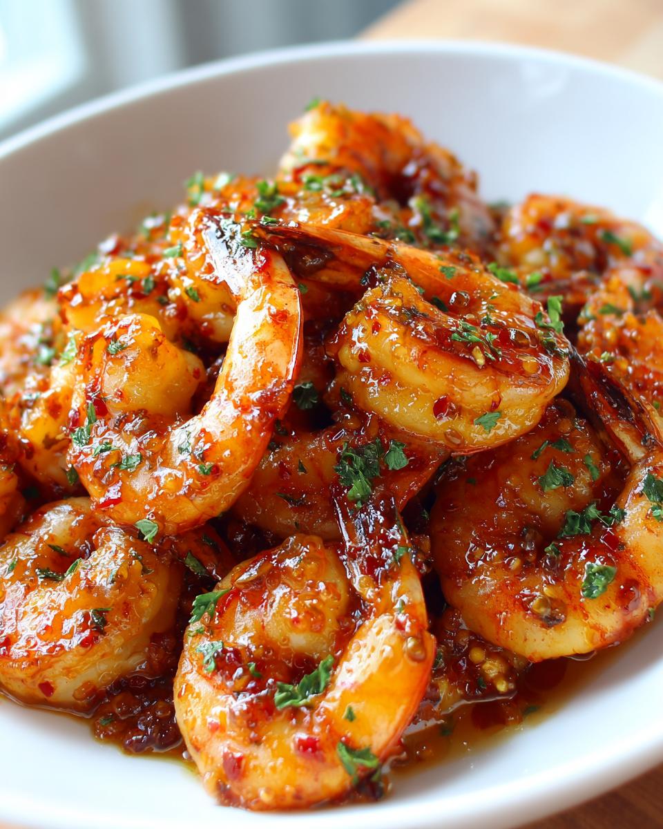 Close-up of plump shrimp coated in a glossy, spicy glaze, part of a hot honey shrimp recipe, garnished with parsley.
