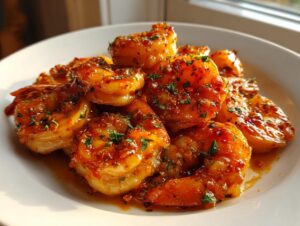 Close-up of plump shrimp coated in a glossy, spicy glaze, part of a hot honey shrimp recipe, garnished with parsley.