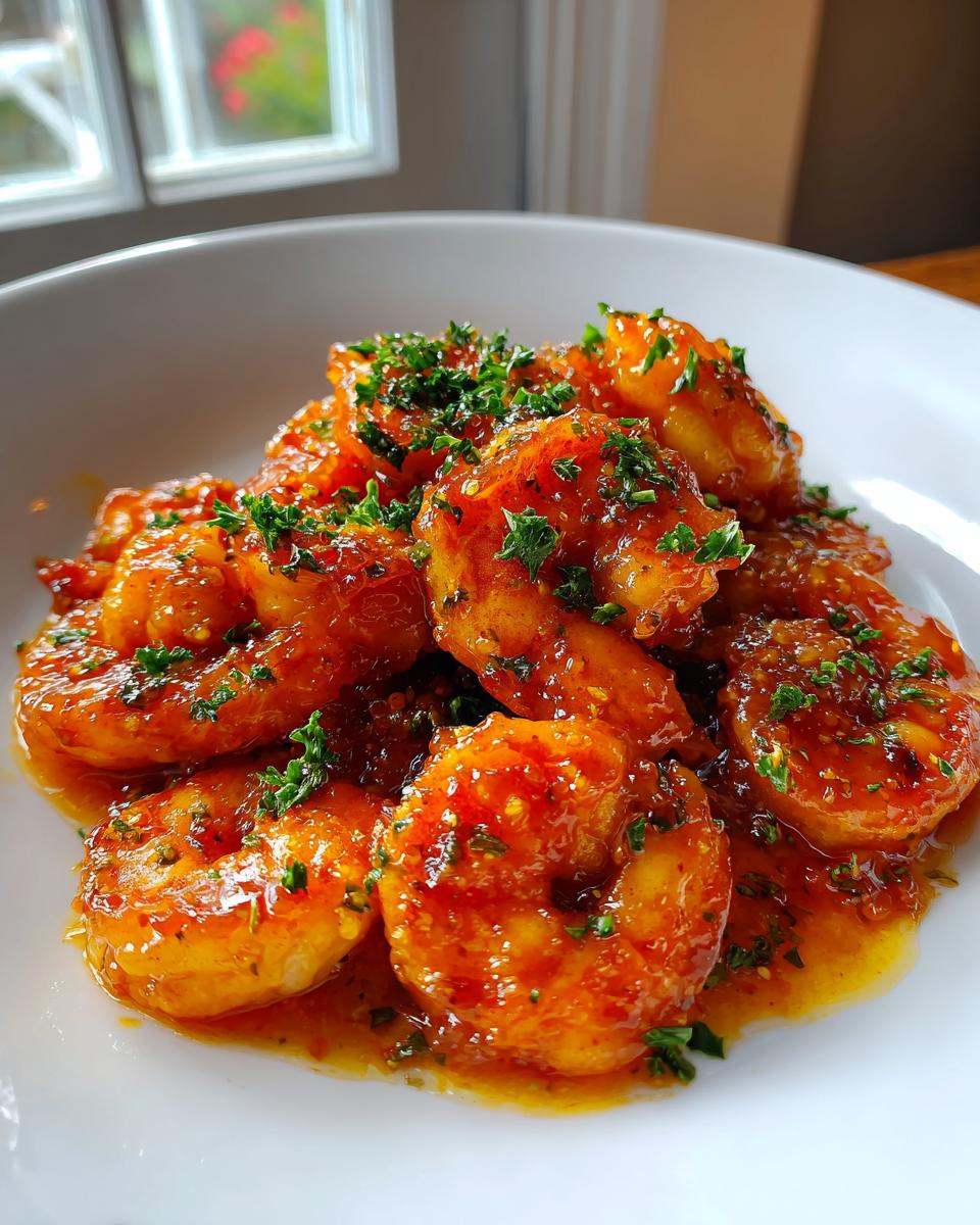 Close-up of shrimp coated in a glossy, orange-red hot honey sauce and sprinkled with fresh parsley.