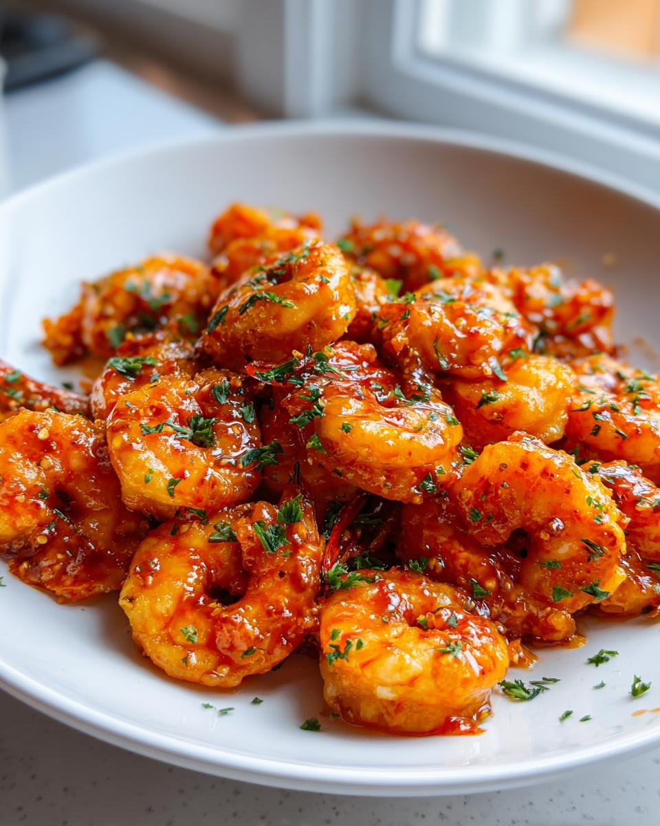 A close-up of saucy, glazed hot honey shrimp piled high on a white plate, garnished with fresh parsley.