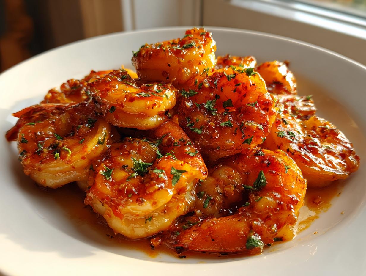 Close-up of plump shrimp coated in a glossy, spicy glaze, part of a hot honey shrimp recipe, garnished with parsley.