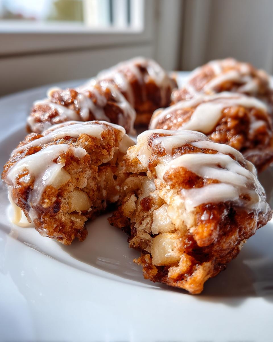 A close-up showing one of the apple fritter bites broken in half, revealing chunks of apple inside, drizzled with white icing.