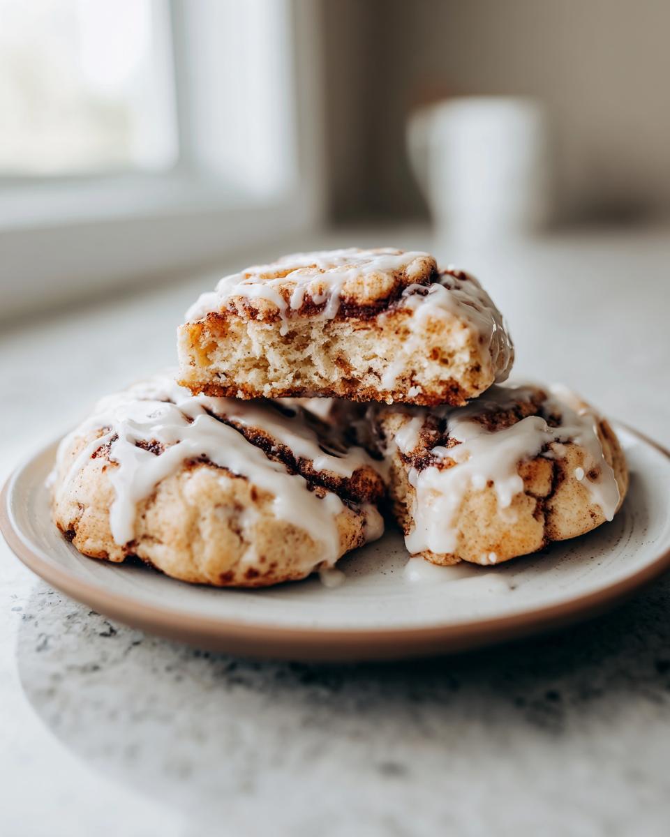 Three delicious cinnamon roll cookies stacked on a plate, drizzled with white icing, with one cookie broken open to show the soft interior.