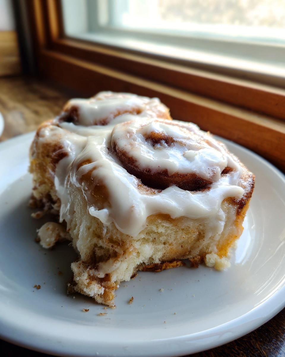 Two soft, freshly baked cinnamon sugar rolls covered in thick white icing, sitting on a white plate near a window.
