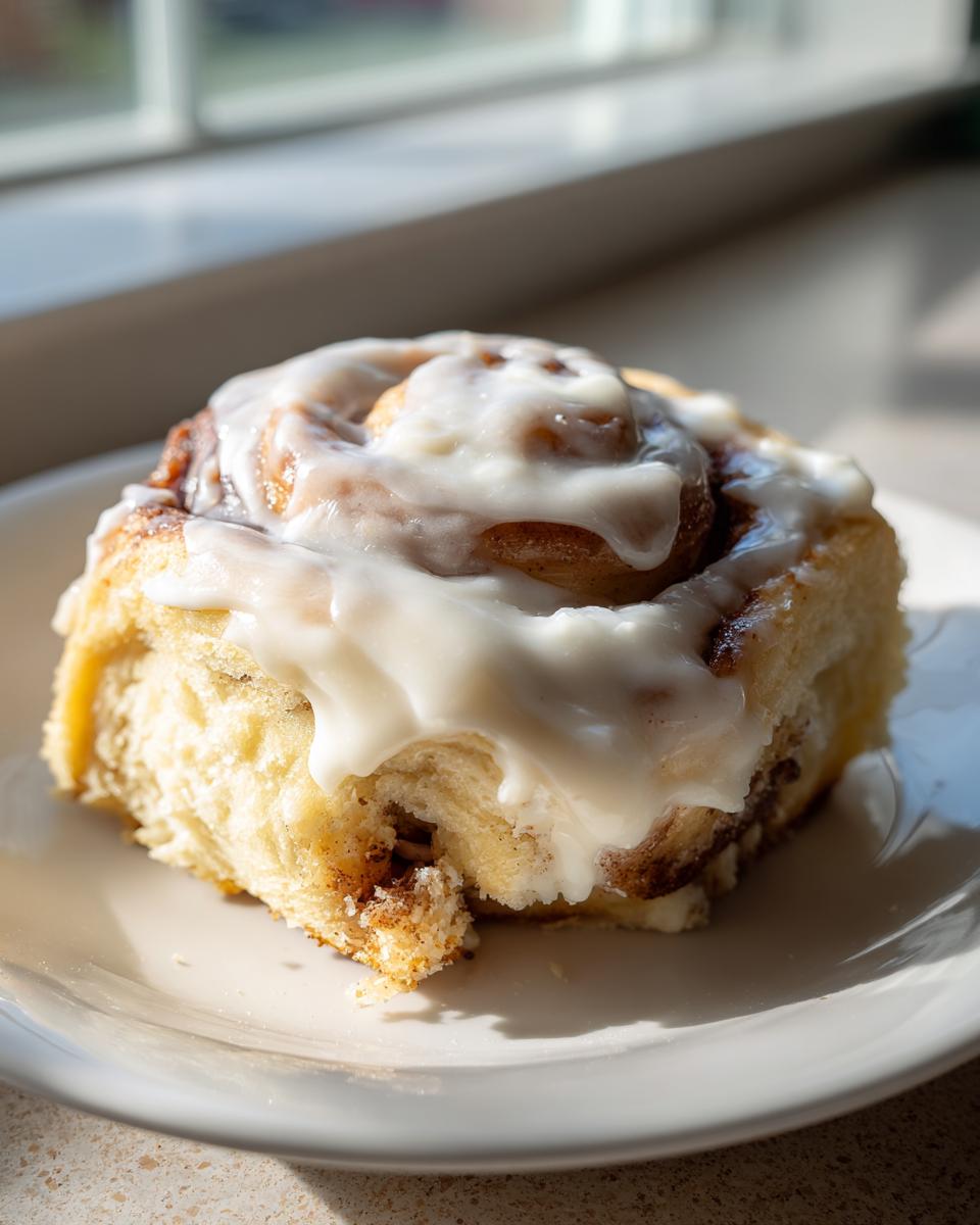 A single, soft cinnamon sugar rolls topped with thick white icing, sitting on a plate near a sunny window.