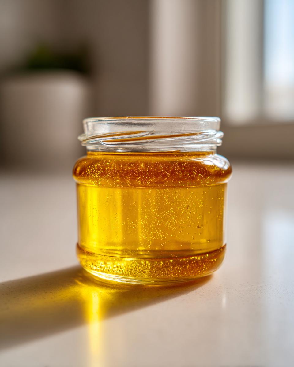 A small glass jar filled with bright, golden Dandelion Honey, showing small bubbles inside.