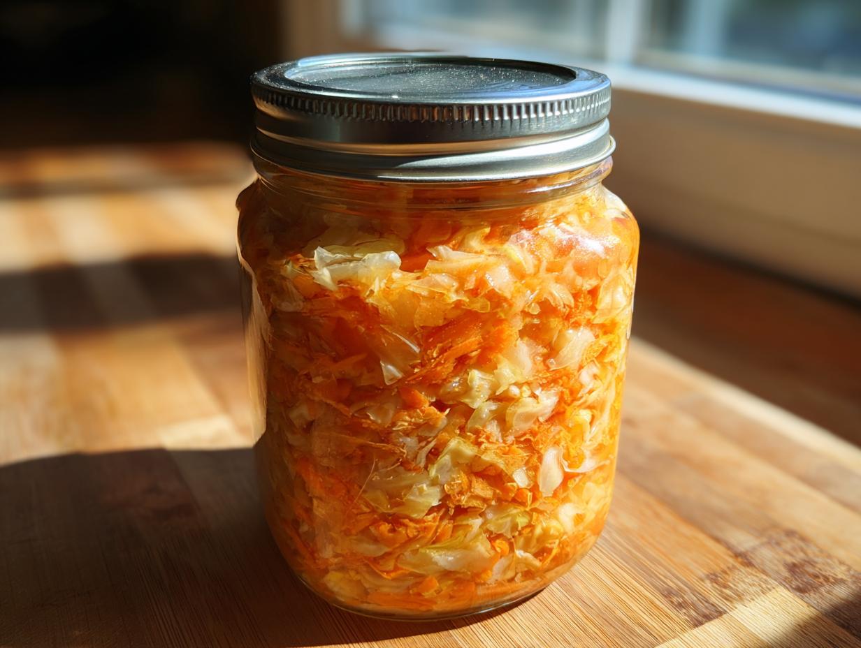A glass jar filled with bright orange and white shredded fermented cabbage and carrots, sealed with a metal lid.
