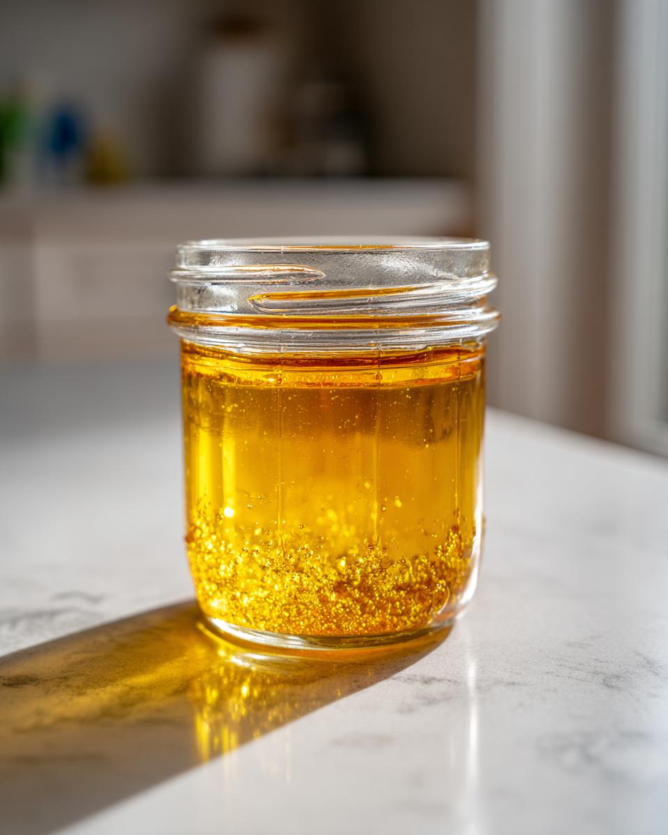 A glass jar filled with golden Dandelion Honey, showing sediment settling at the bottom.