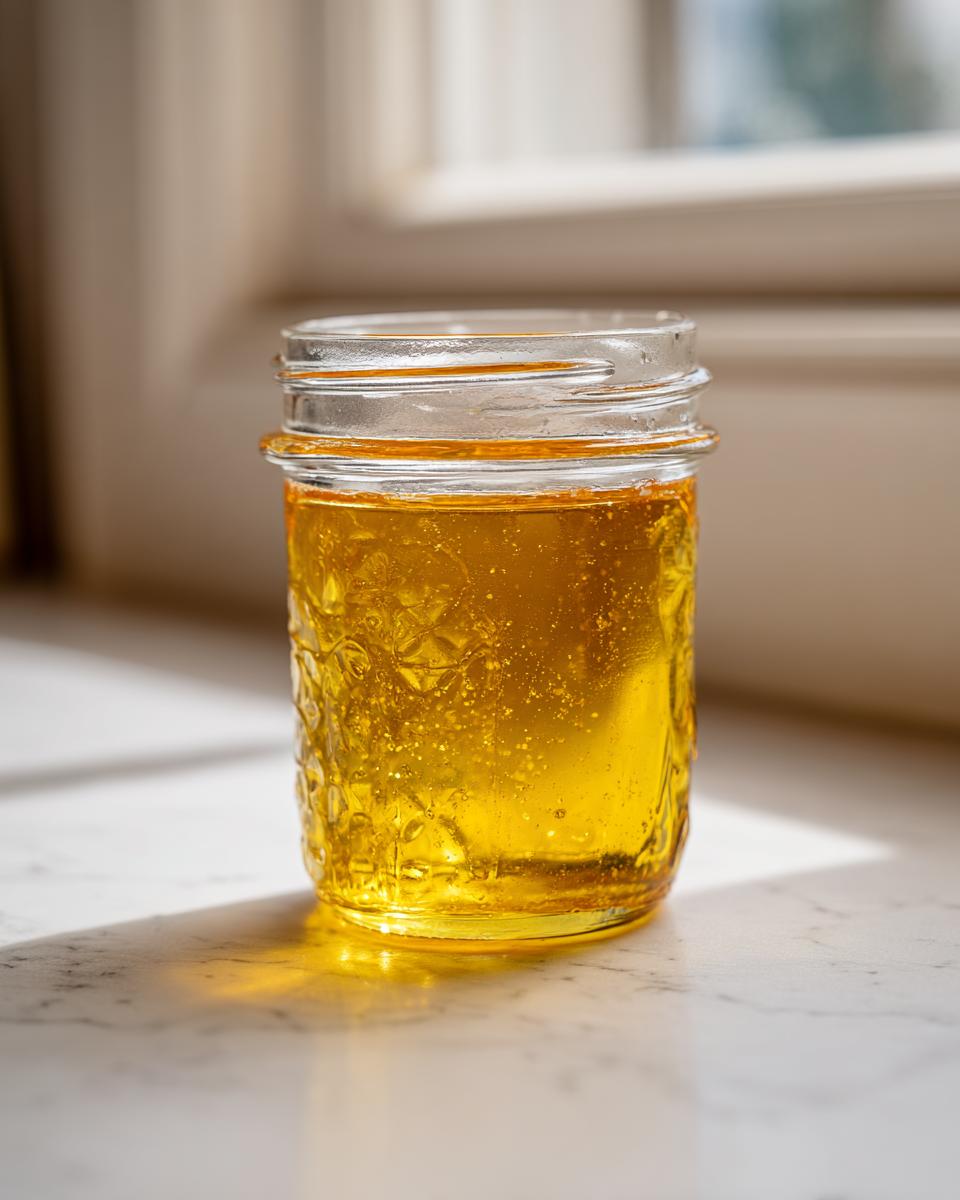 A glass jar filled with bright, golden Dandelion Honey, catching sunlight on a white marble surface.