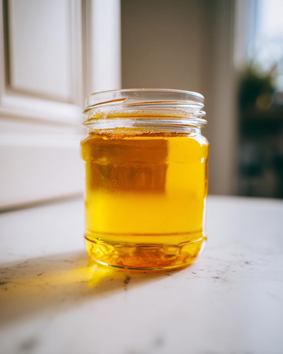 A glass jar filled with golden, liquid Dandelion Honey sitting on a light countertop.