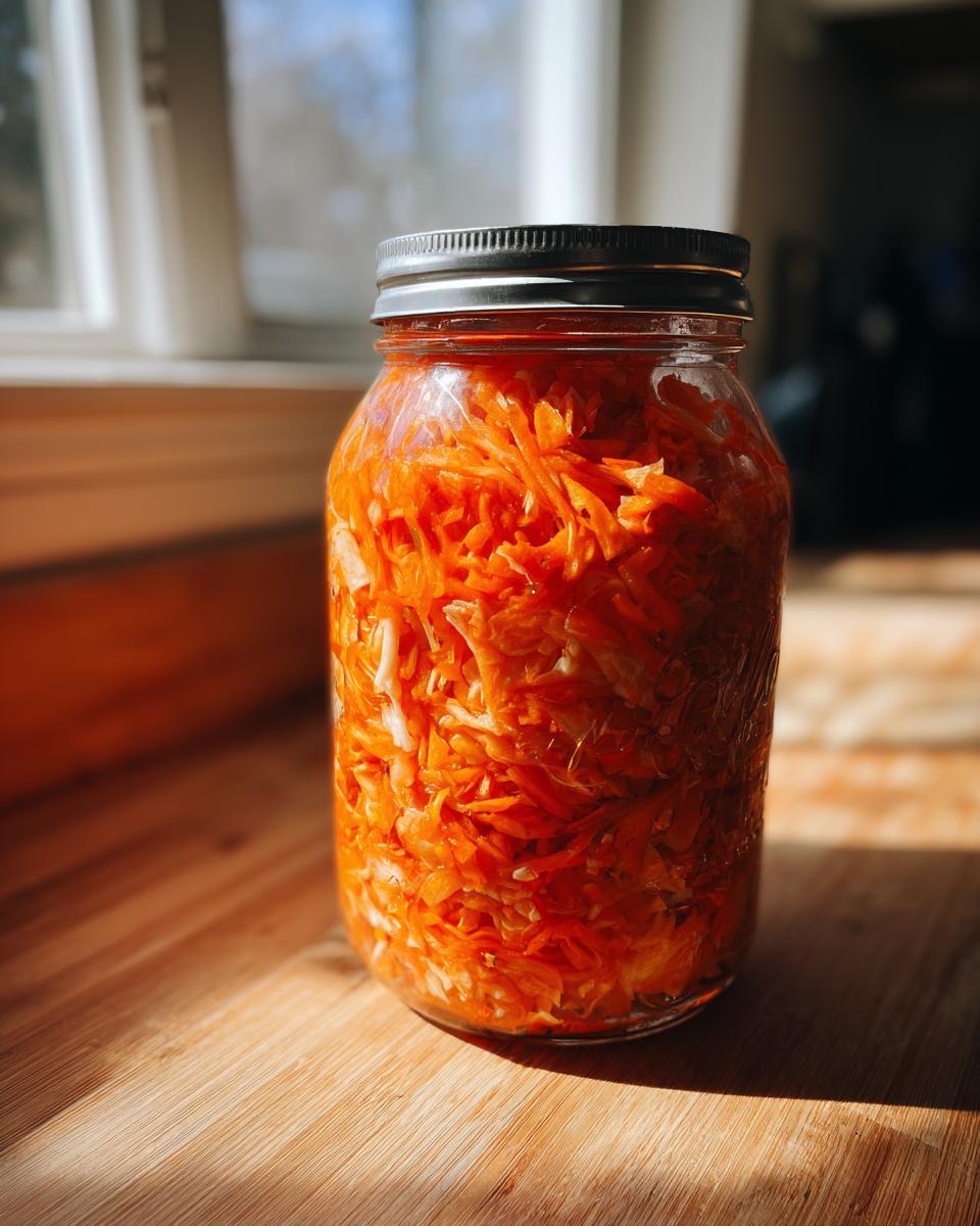 A glass jar filled with bright orange shredded fermented cabbage and carrots sitting on a wooden surface in sunlight.