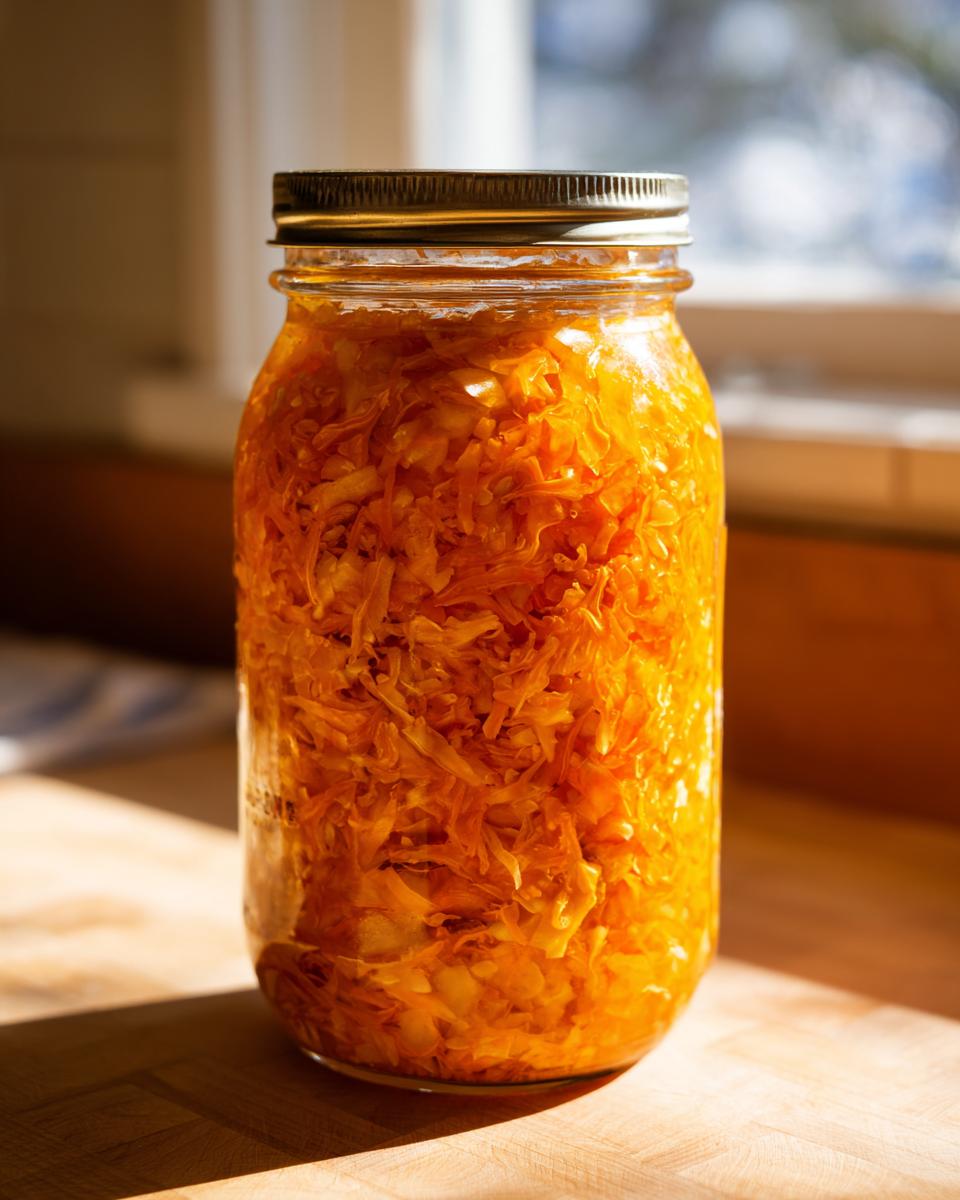 A glass jar filled with vibrant, orange-hued fermented cabbage sitting on a wooden surface in sunlight.