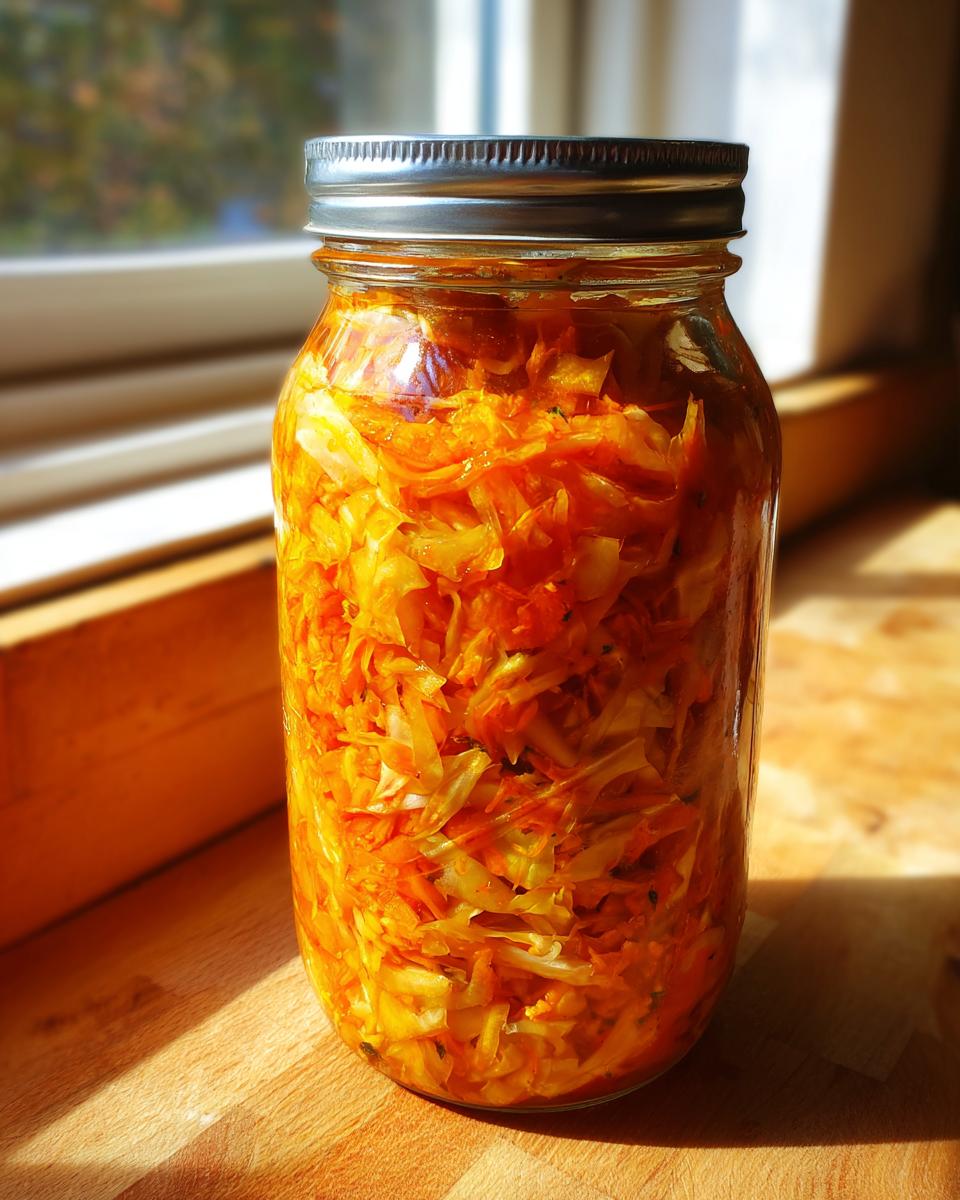 A glass jar filled with vibrant orange and yellow fermented cabbage mixture sitting on a wooden surface near a window.