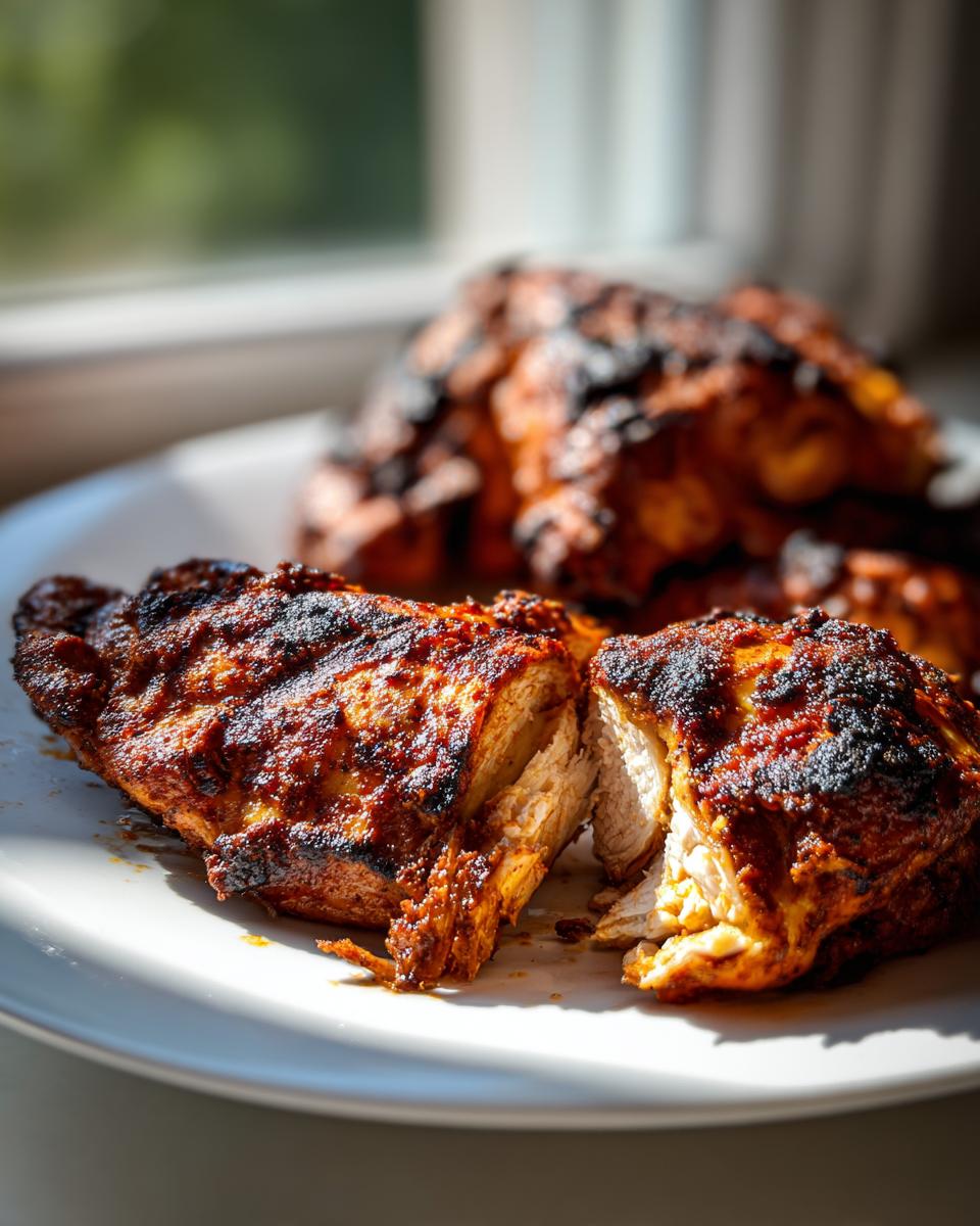 Close-up of juicy Pollo Asado chicken breast, cut open to show the white interior and charred, seasoned exterior.