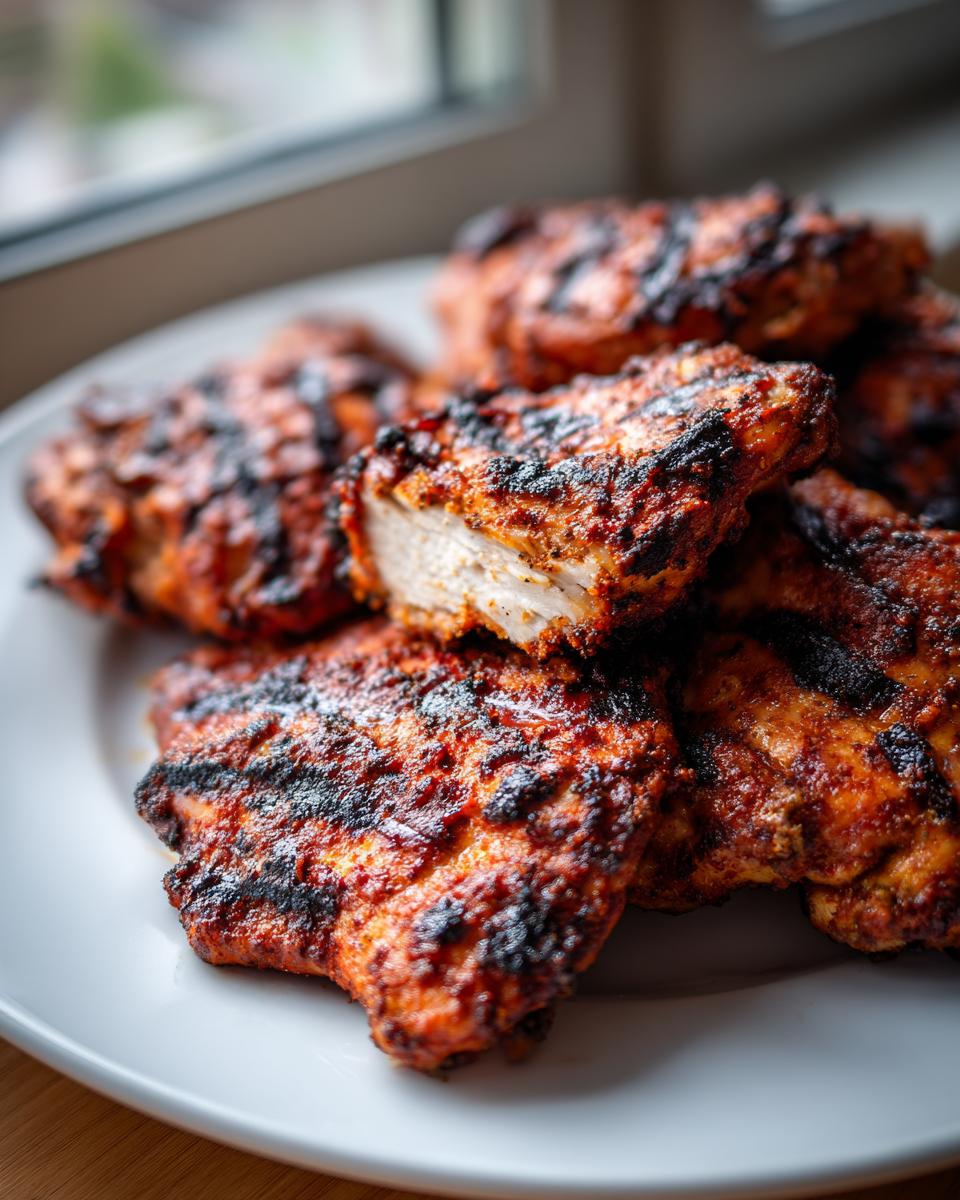 Close-up of beautifully charred and seasoned Pollo Asado pieces piled on a white plate, one piece cut open showing white meat.