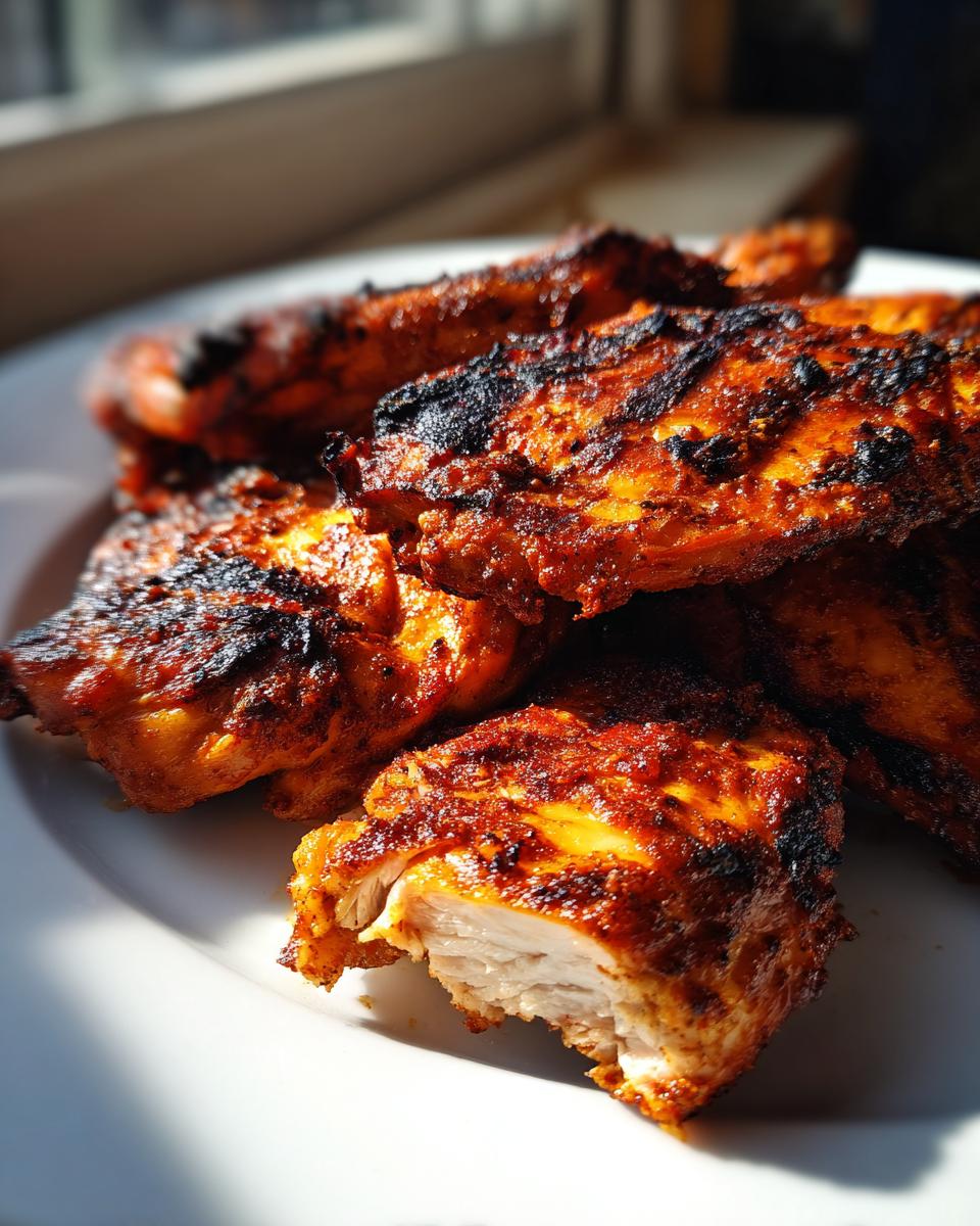 Close-up of several pieces of seasoned Pollo Asado on a white plate, showing a juicy white interior and charred, reddish-orange exterior.