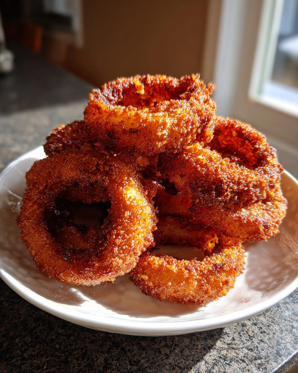 A stack of perfectly golden brown, crispy keto onion rings served on a white plate.
