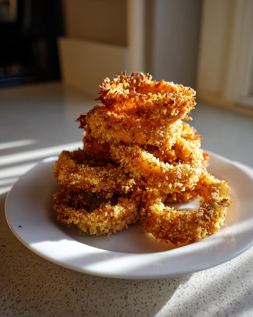 A tall stack of golden brown, crispy keto onion rings piled high on a white plate.