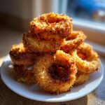 A stack of golden brown, crispy keto onion rings piled high on a small white plate.