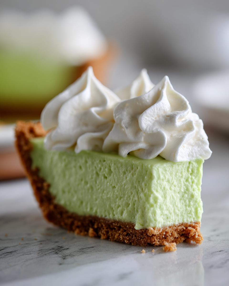 Close-up of a slice of bright green key lime pie recipe with a graham cracker crust and piped whipped cream.