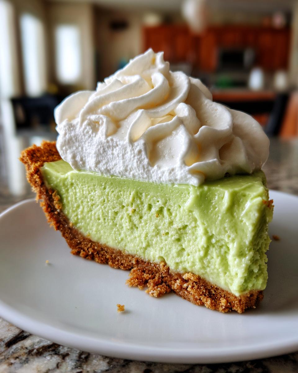 A thick slice of bright green key lime pie recipe with a graham cracker crust, topped generously with whipped cream.