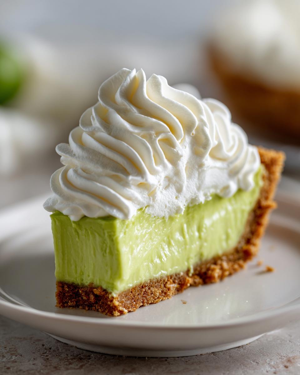 A perfect slice of vibrant green key lime pie recipe with a graham cracker crust and a generous swirl of whipped cream.