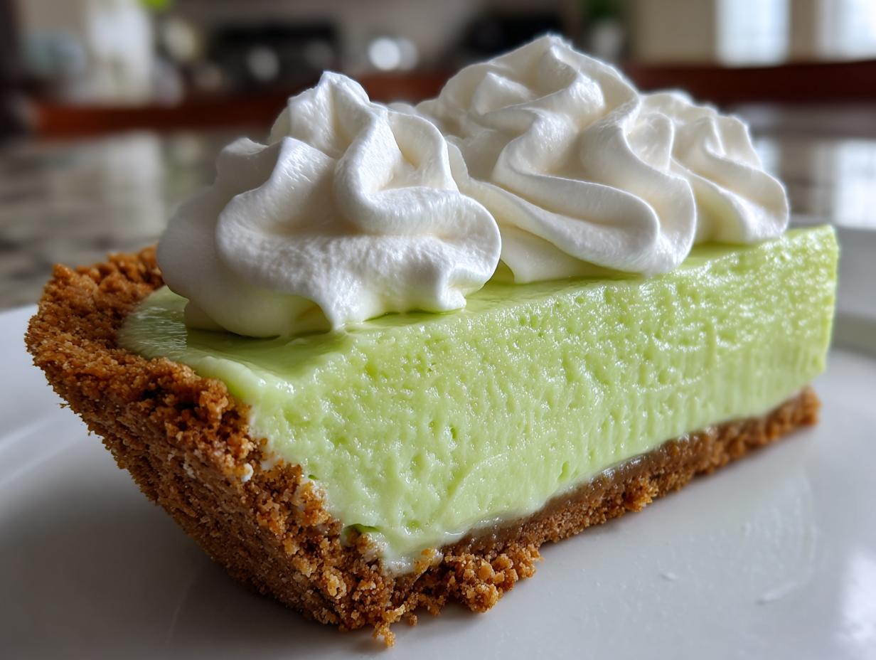 Close-up of a vibrant green slice of key lime pie recipe on a white plate, topped with swirls of whipped cream.
