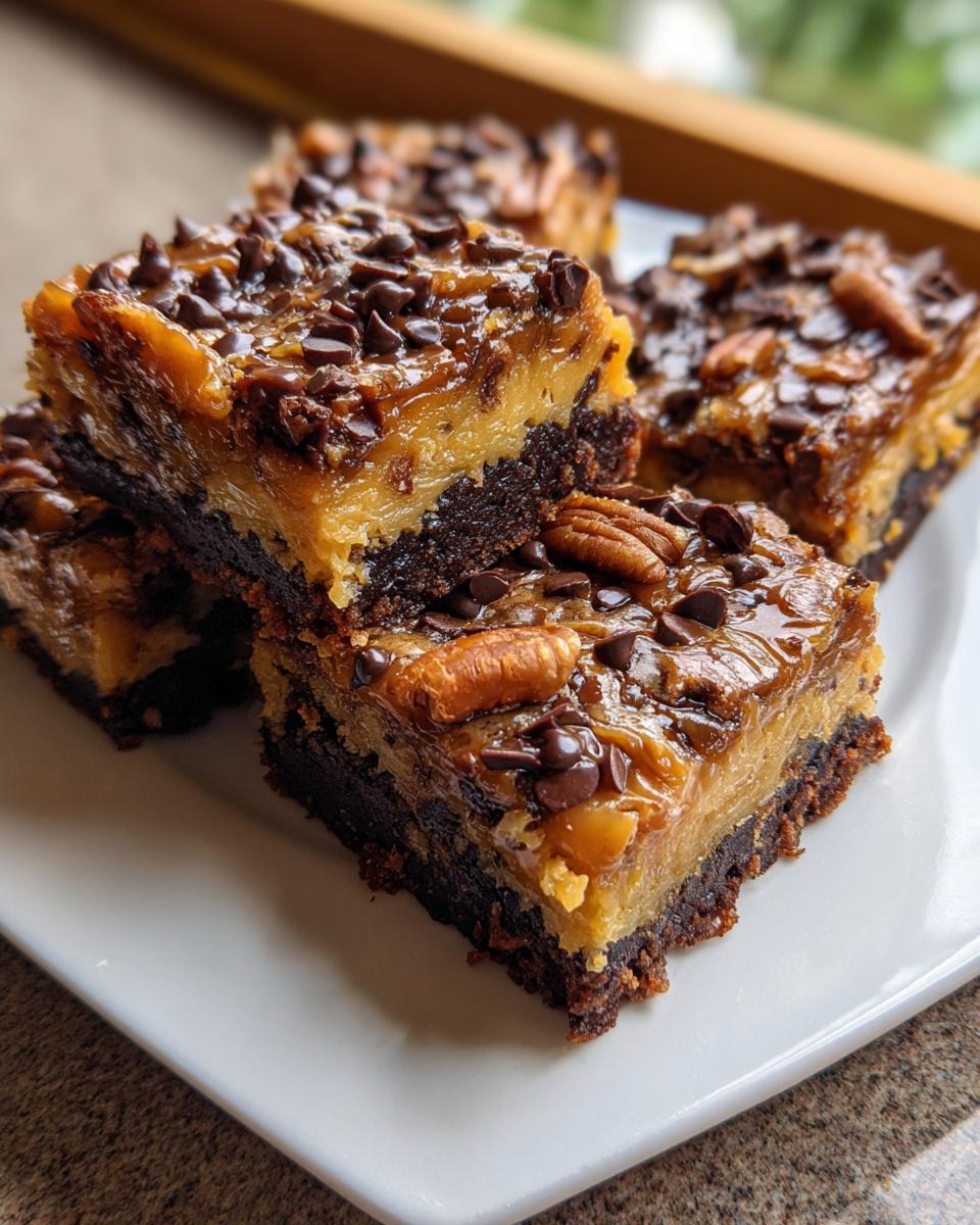 Close-up of several rich Knock You Naked Bars featuring a dark brownie base topped with caramel, chocolate chips, and pecans.