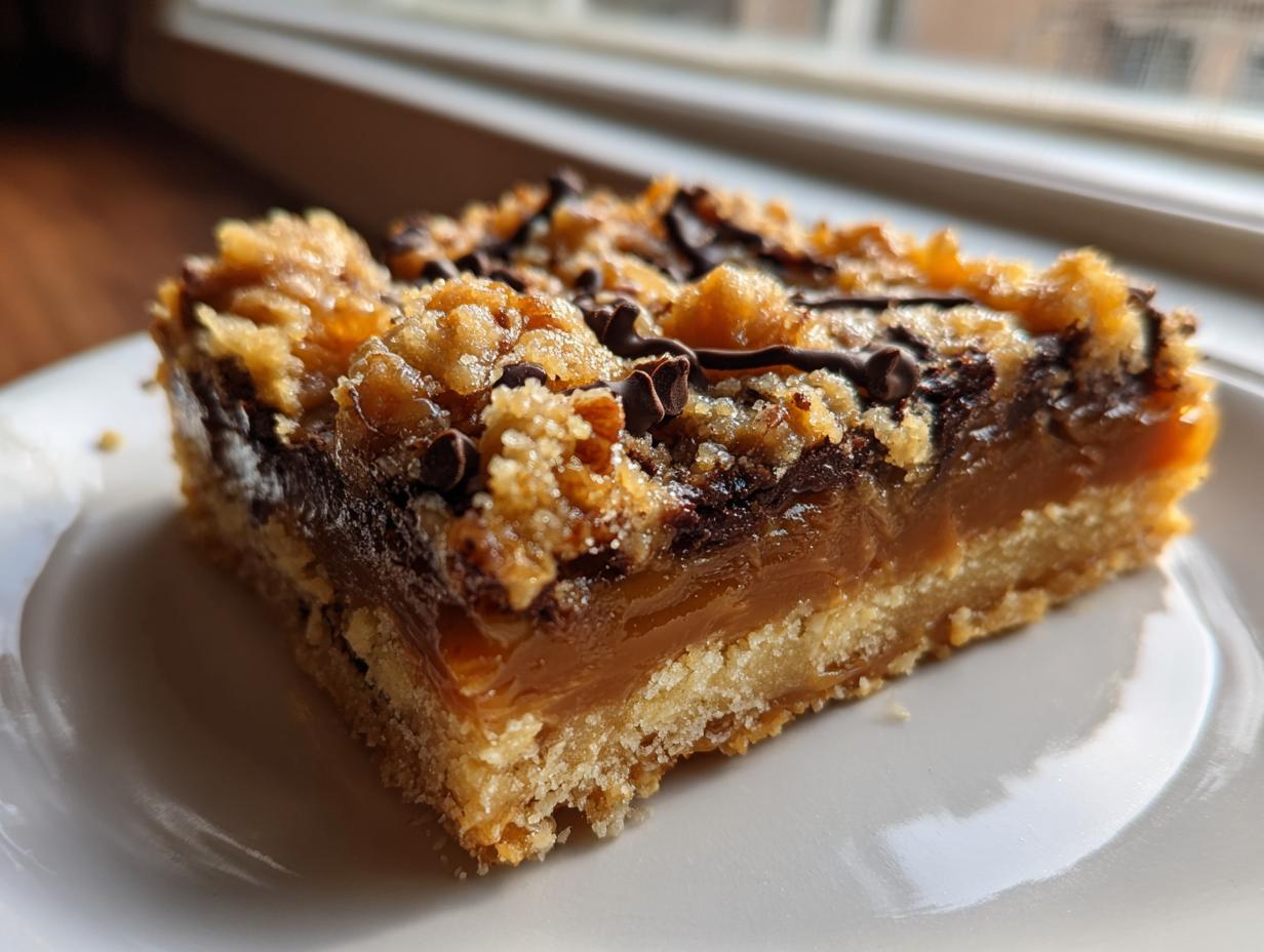 A single, decadent slice of knock you naked bars showing a shortbread crust, thick caramel layer, and chocolate topping.