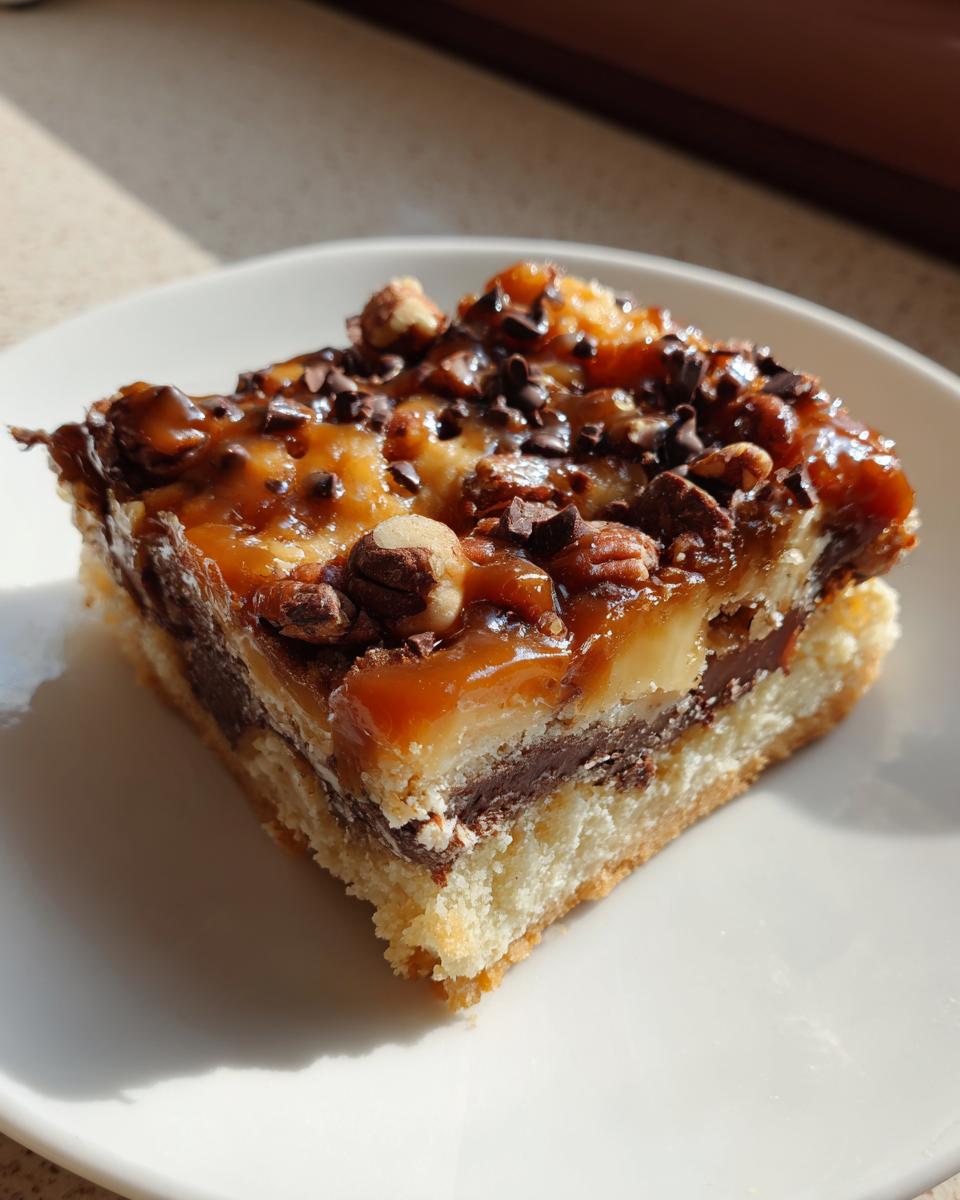 A decadent square of Knock You Naked Bars featuring a shortbread base, chocolate layer, and gooey caramel topping with nuts.