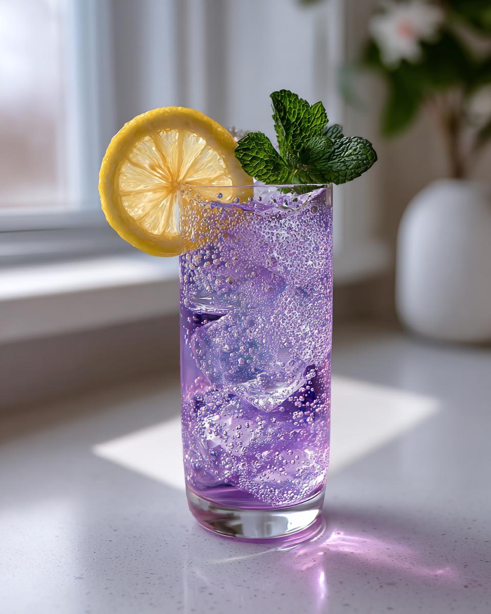 A tall glass filled with a fizzy, purple Lavender Mocktail, garnished with a lemon slice and fresh mint.