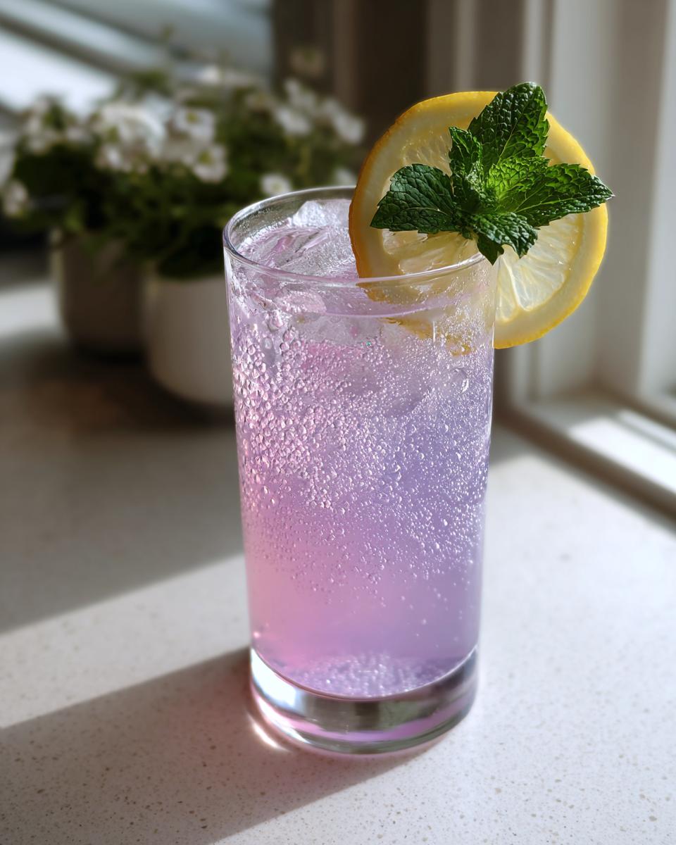 A tall glass filled with a sparkling, purple-hued Lavender Mocktail, garnished with a lemon slice and fresh mint.