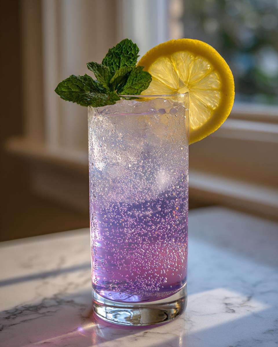 Close-up of a tall glass containing a bubbly, purple Lavender Mocktail garnished with a lemon wheel and fresh mint sprig.
