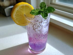 Close-up of a tall glass containing a bubbly, purple Lavender Mocktail garnished with a lemon slice and fresh mint.