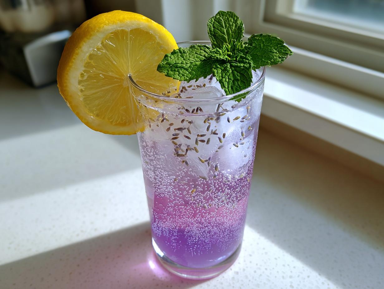 Close-up of a tall glass containing a bubbly, purple Lavender Mocktail garnished with a lemon slice and fresh mint.