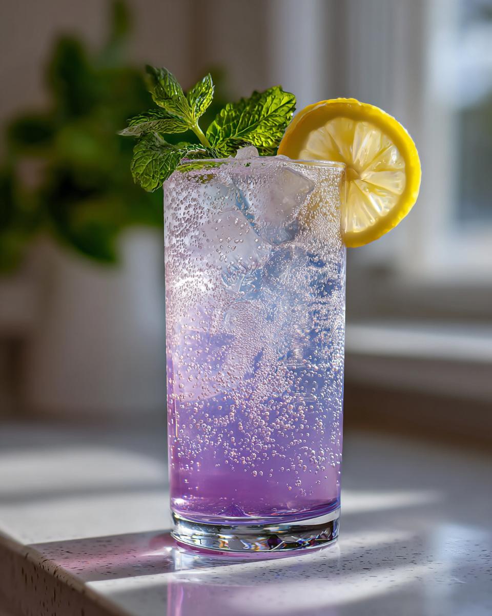 Close-up of a tall glass containing a fizzy, purple Lavender Mocktail garnished with fresh mint and a lemon slice.