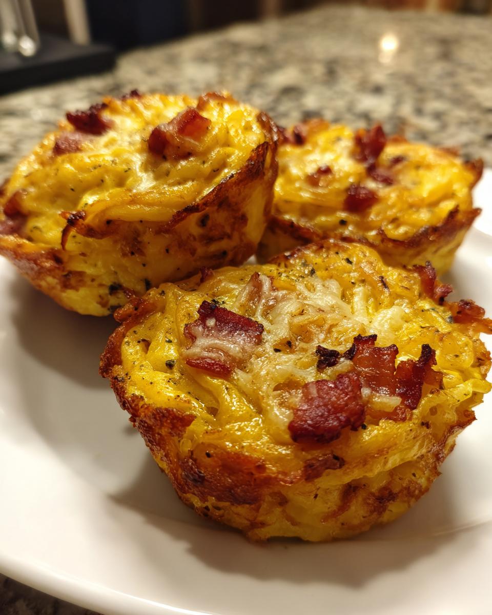 Three golden-brown baked cups made from Leftover Spaghetti Carbonara, topped with bacon bits.